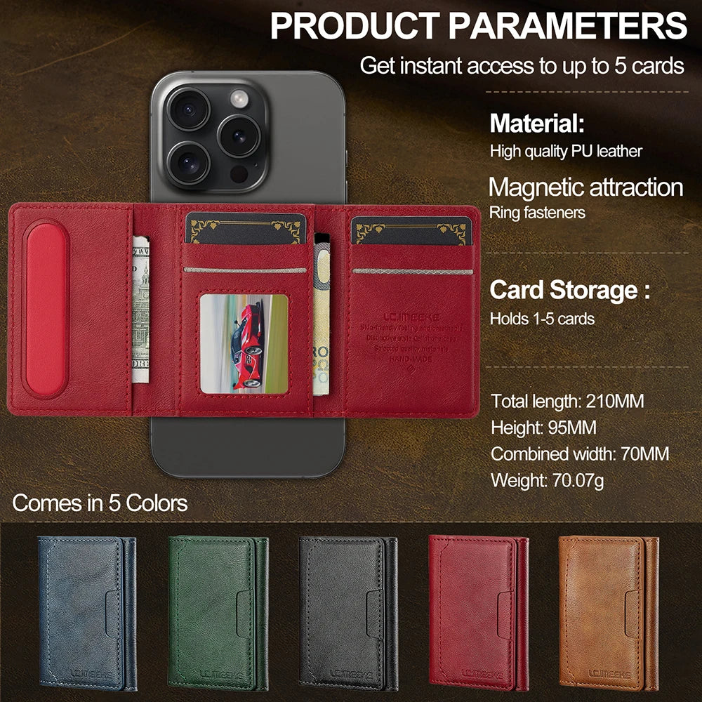 A red magnetic wallet phone case with card slots shown next to a smartphone, available in five colors.