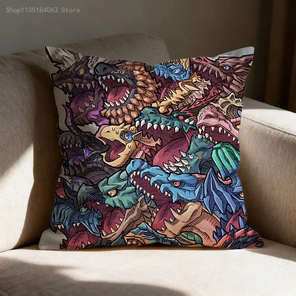 A decorative cushion cover featuring a vibrant, detailed print of Monster Hunter Rathalos and Nargacuga dragons.