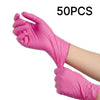 A hand wearing a bright pink disposable nitrile glove is shown, with the text 50PCS visible.