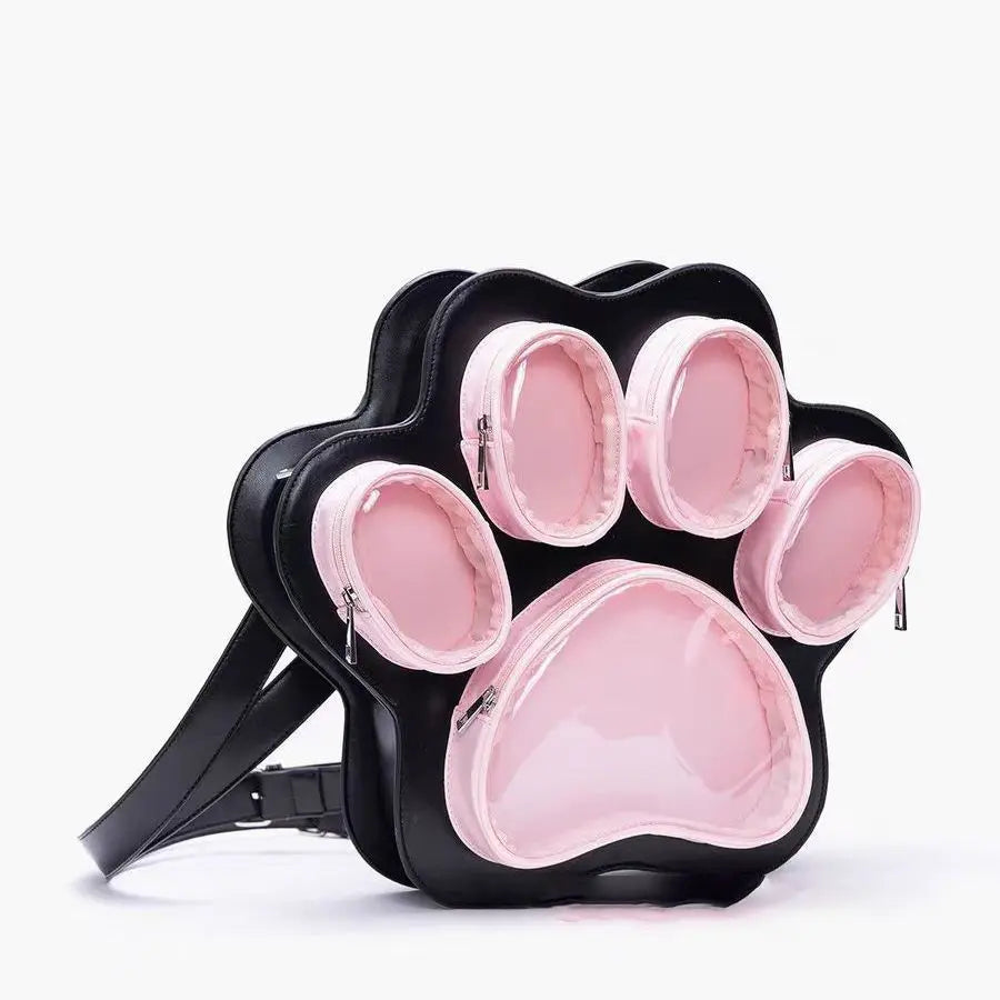 A pink cat paw print multi-pocket backpack with a black strap and Y2K style design.