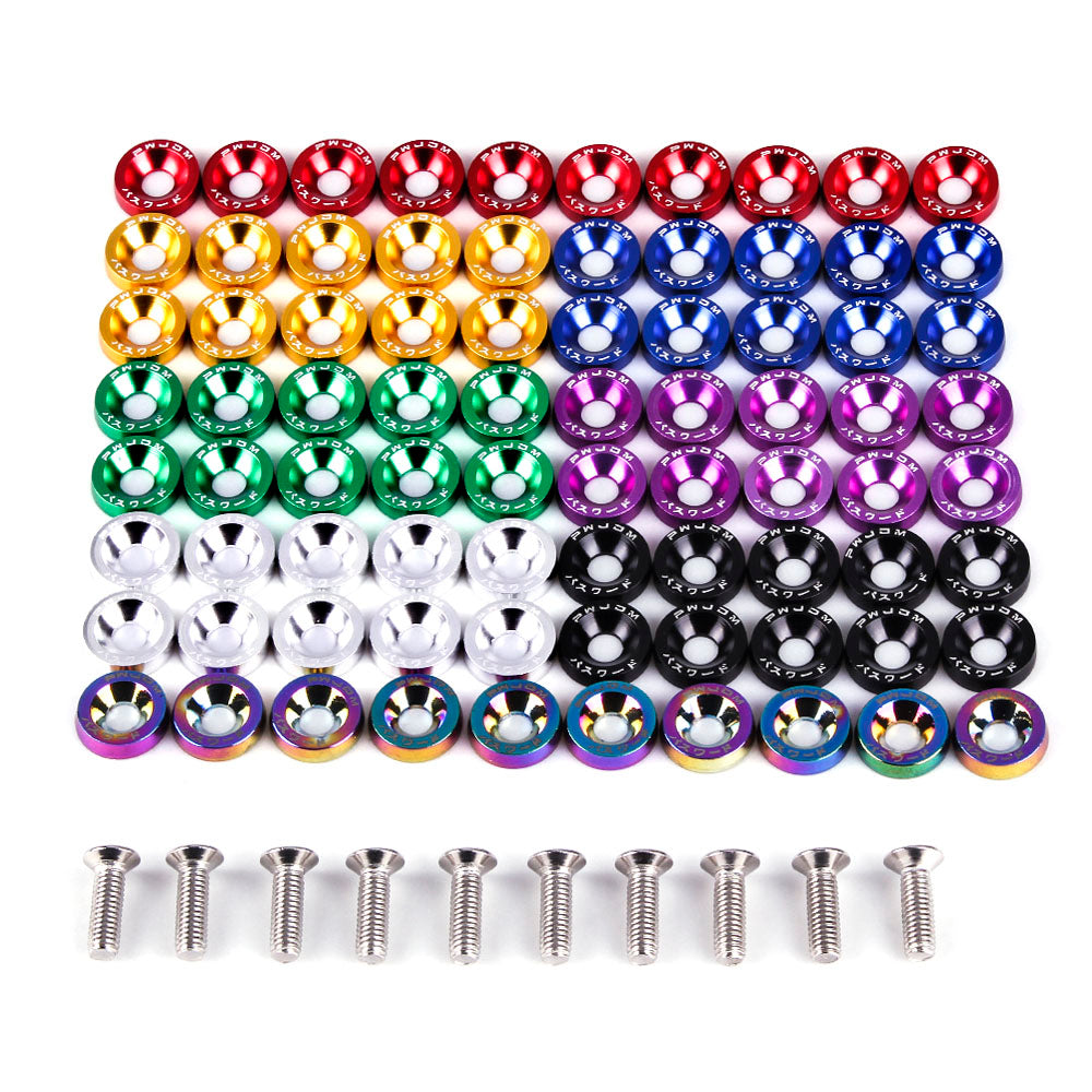 A collection of colorful aluminum JDM fender washers and bolts arranged in rows.