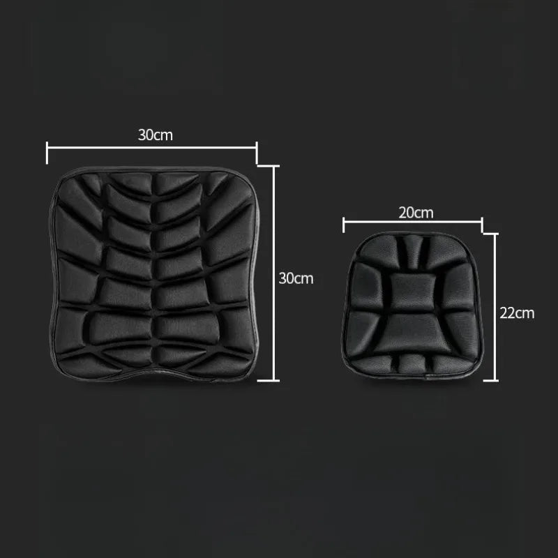 Black ergonomic 3D motorcycle seat cushion made of breathable EVA foam with a textured pattern.