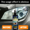 Before and after comparison of a car headlight restoration product applied to an automotive light assembly.