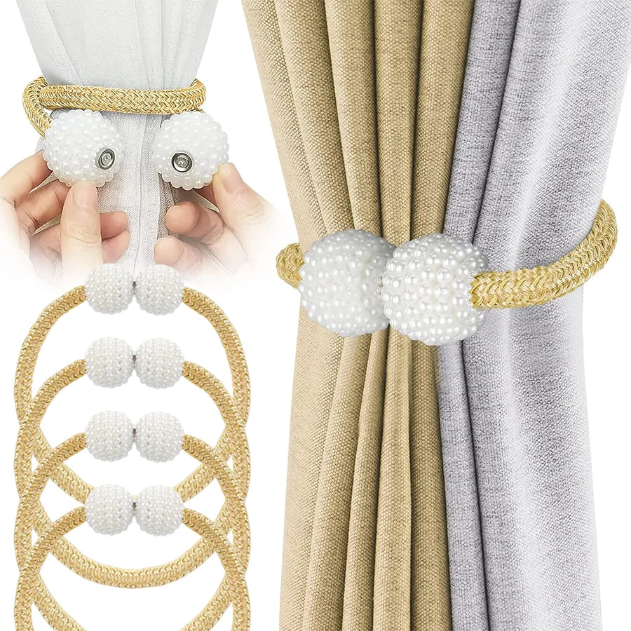 Pearl magnetic curtain tiebacks in gold and white, showing adjustable holdbacks for home décor.