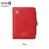 A red leather travel wallet featuring an airplane pattern and RFID protection.