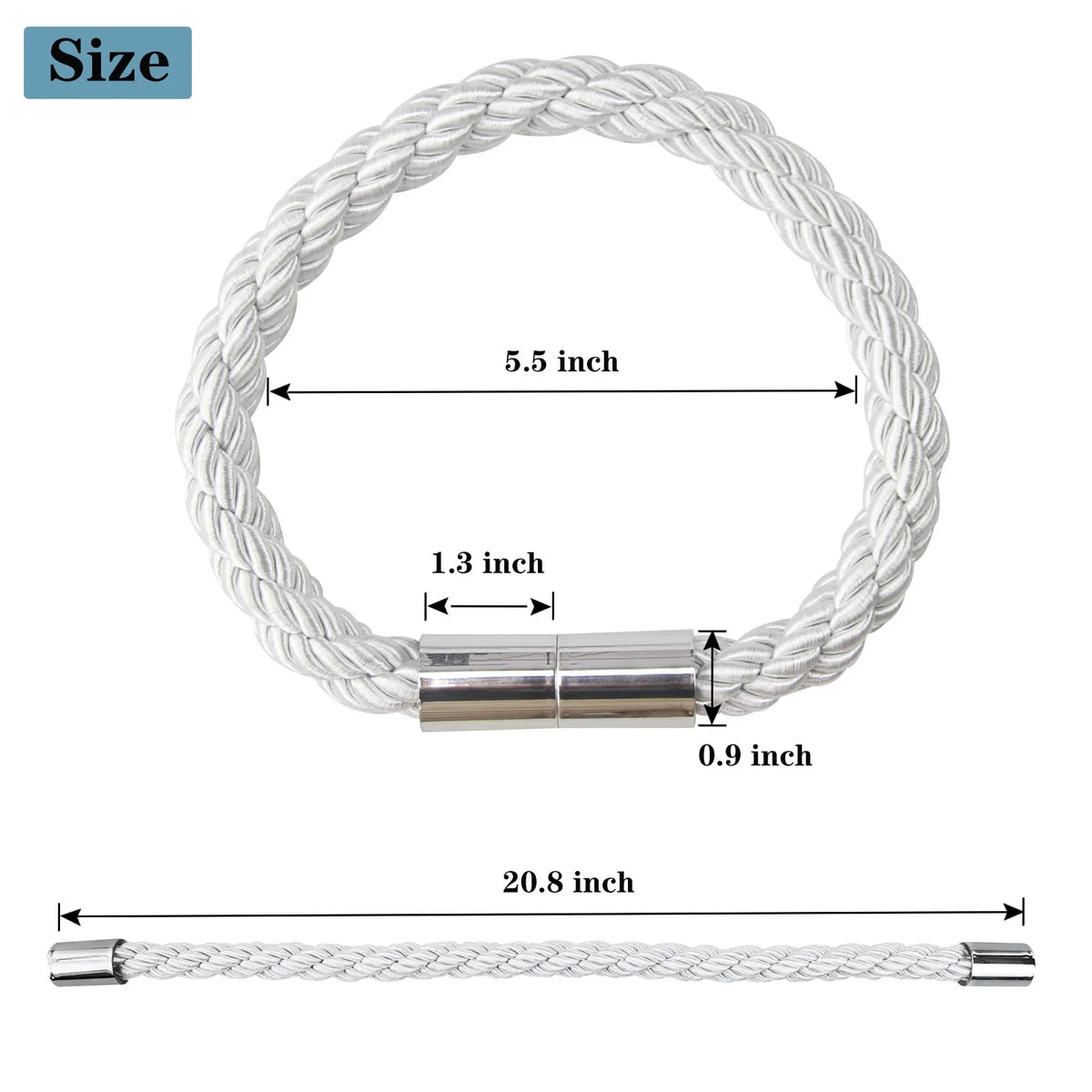 A white braided rope tieback with a silver magnetic clasp and a matching long rope for curtain ties.