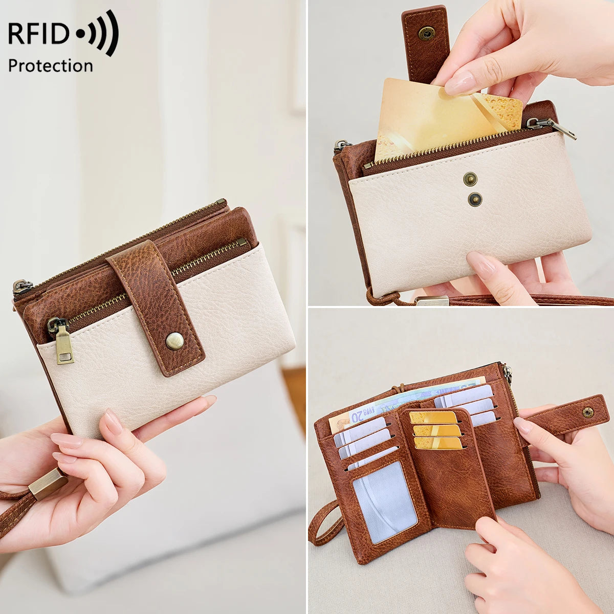 Vintage RFID-Blocking Triple-Fold Wallet with Double Zipper