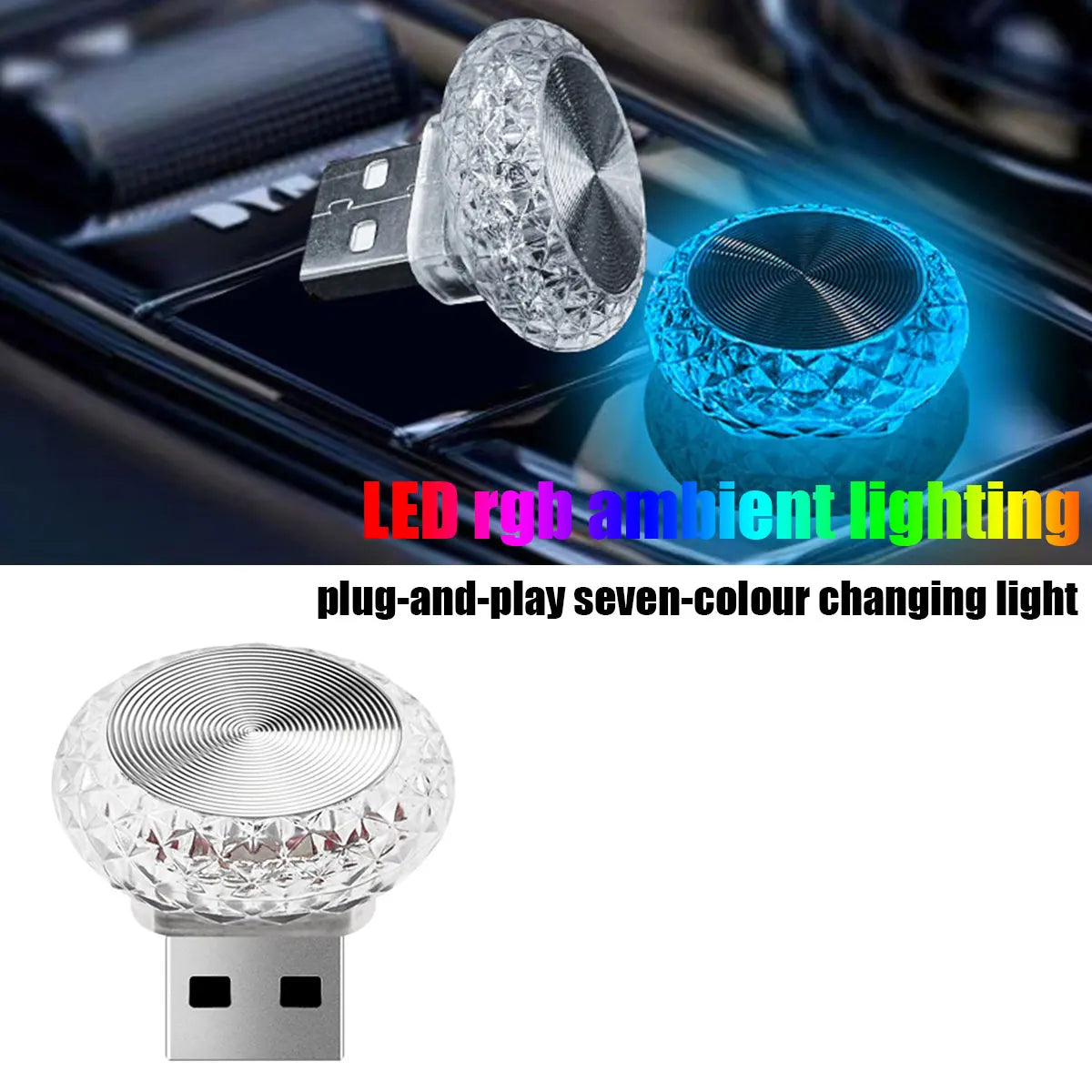 A clear, faceted LED light fixture with a USB plug is shown alongside its illuminated version.
