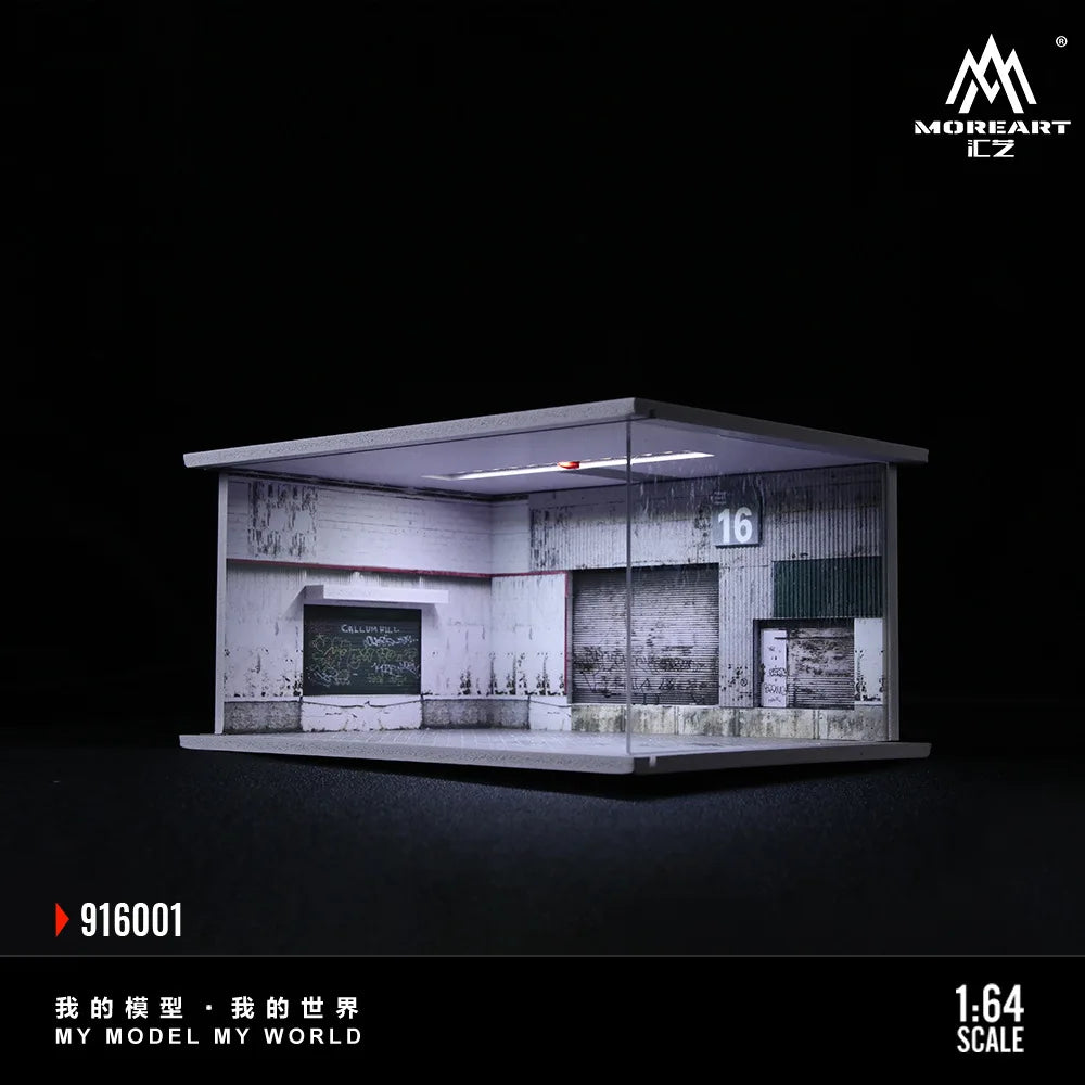 A 1:64 scale miniature garage diorama kit featuring a lighted interior display.