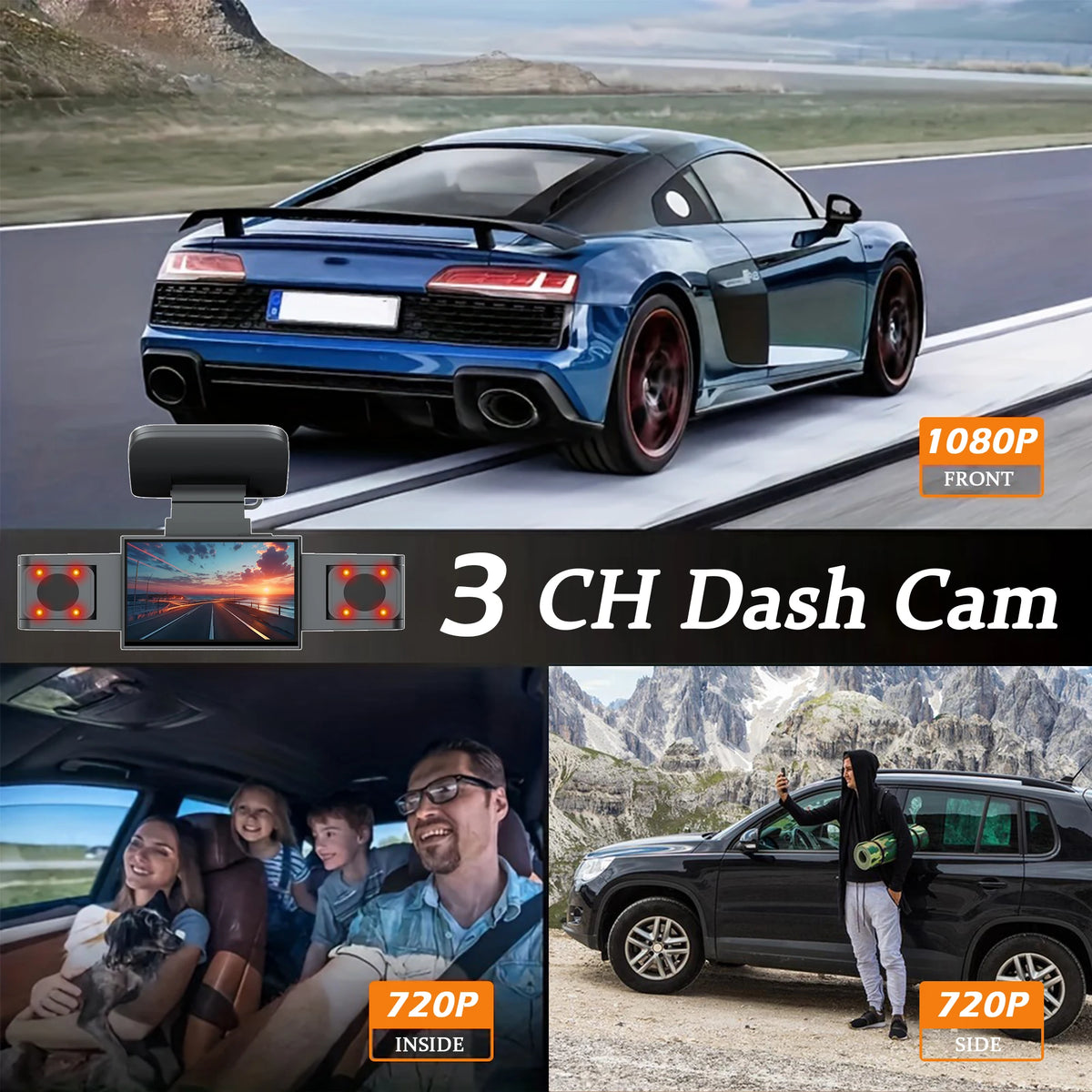 A blue sports car is shown with three dash cam views: front, inside cabin, and side view.