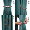 Two sets of magnetic curtain tiebacks with rope buckle clasps shown in various installation and usage angles