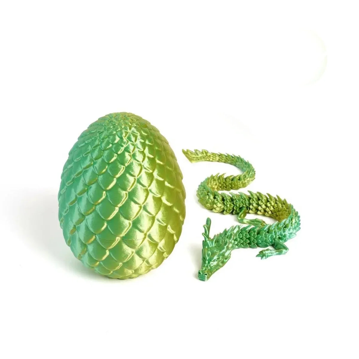 A vibrant green 3D printed dragon egg and a matching serpentine dragon figurine set.