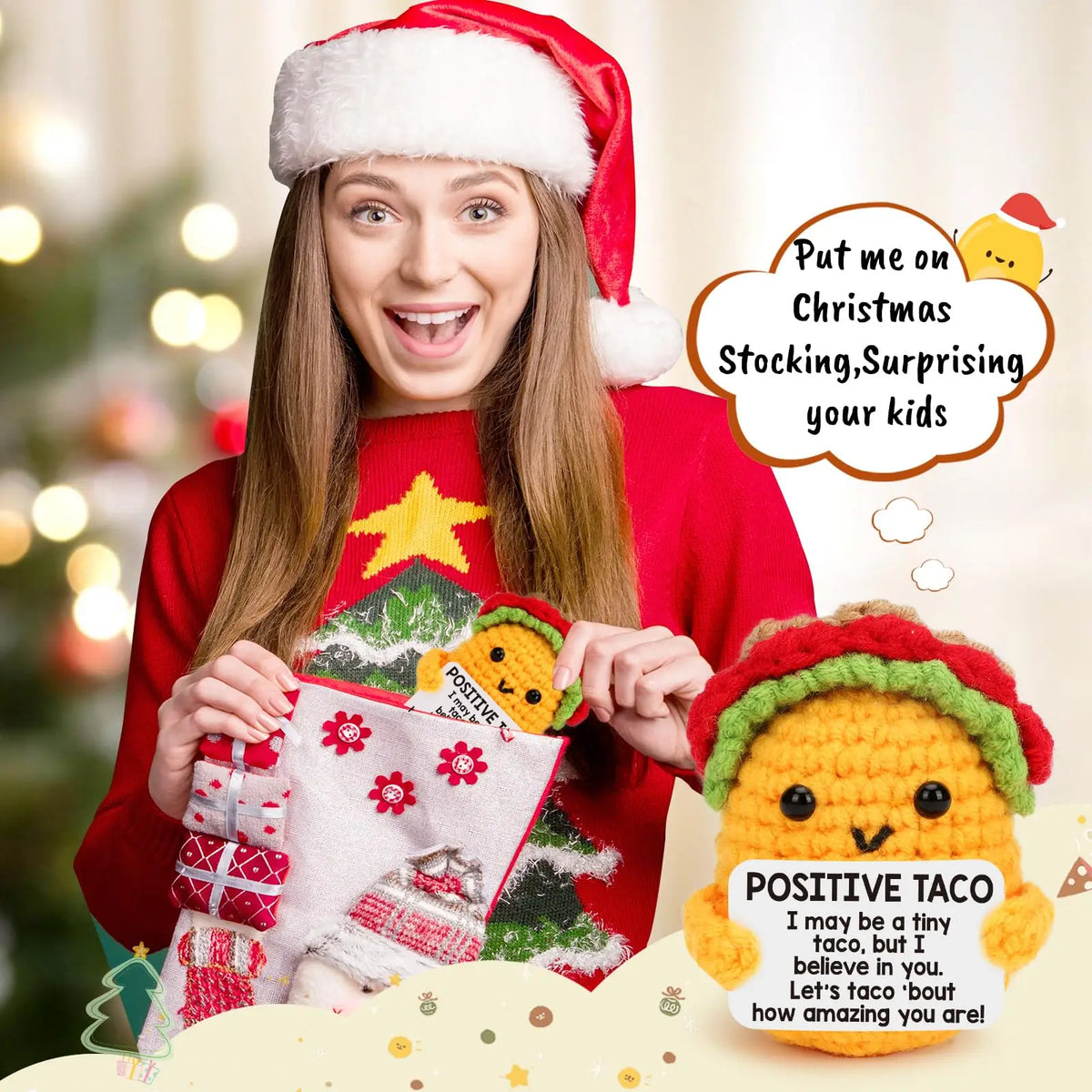 A young woman in a red sweater holds a handmade crochet taco plush toy with a festive Christmas theme.
