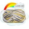 A ball of milk cotton blend yarn with stripes of yellow, gray, and white threads.