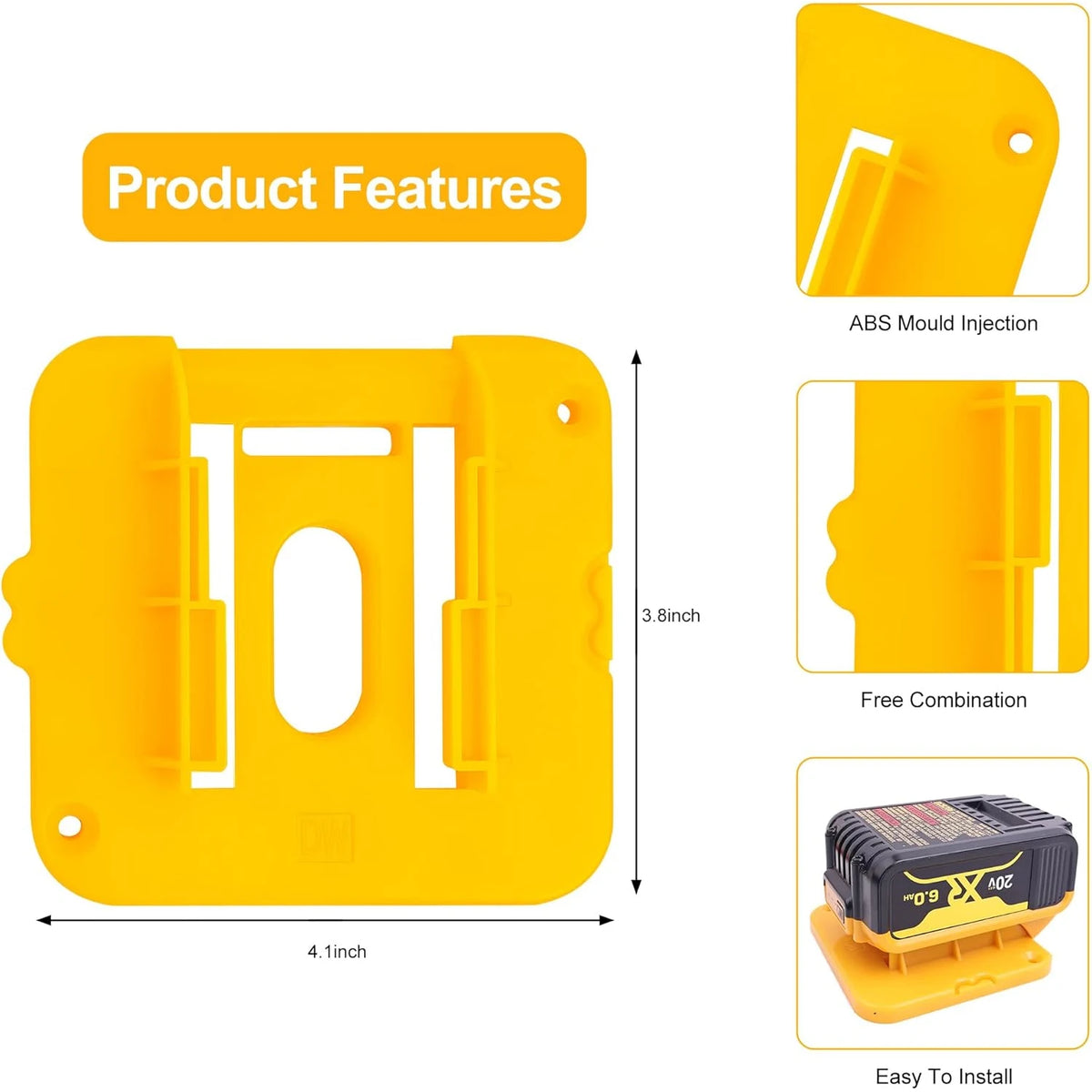 Yellow ABS mold injection wall mount battery holder for Dewalt 20V DCB200 & DCB203 batteries