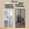 A display of white and black magnetic screen door curtains in various sizes, shown as framed doors.