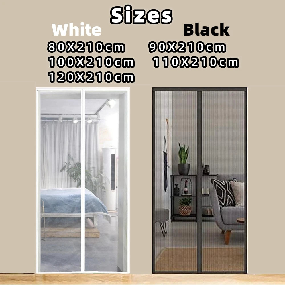 A display of white and black magnetic screen door curtains in various sizes, shown as framed doors.