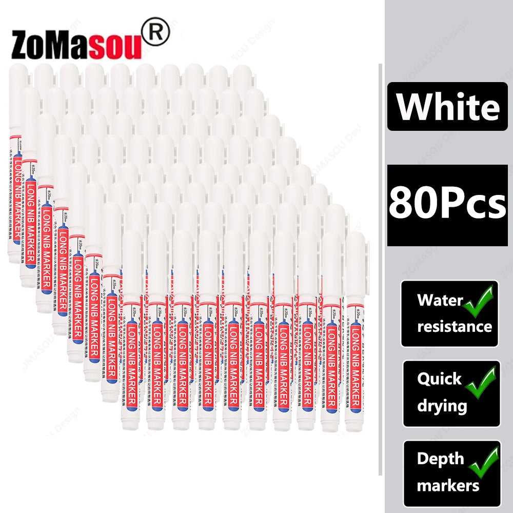 White long-head waterproof deep hole markers for woodworking and construction displayed in a row.