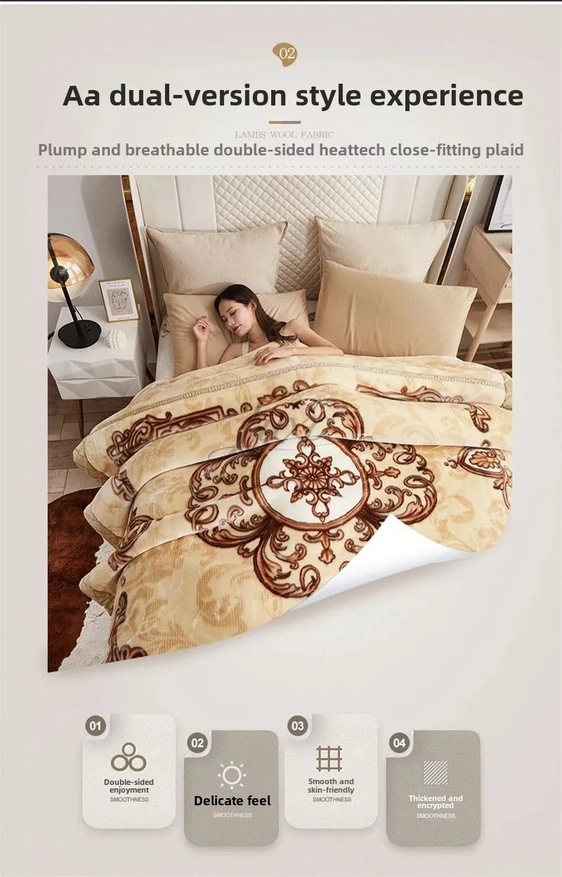 A double-sided blanket featuring a beige floral pattern is shown draped over a bed, highlighting its soft texture.