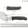 A carbon fiber folding knife with an axis lock shown with various dimensions and a ruler for scale.