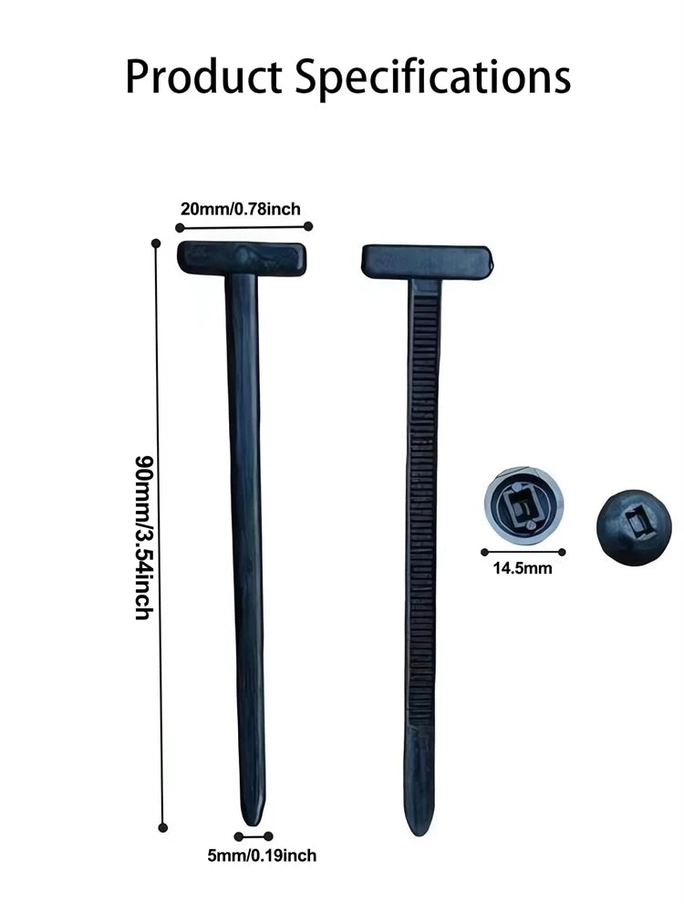 A set of black self-locking nylon cable ties with push clips shown with various dimensions.