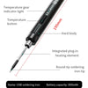 A black cordless USB soldering iron with a round tip, showing various product parameters and features.