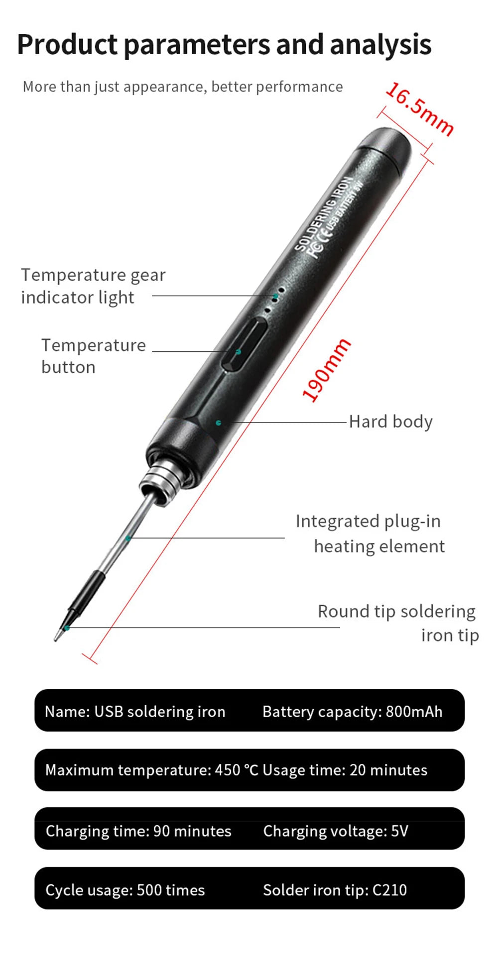 A black cordless USB soldering iron with a round tip, showing various product parameters and features.