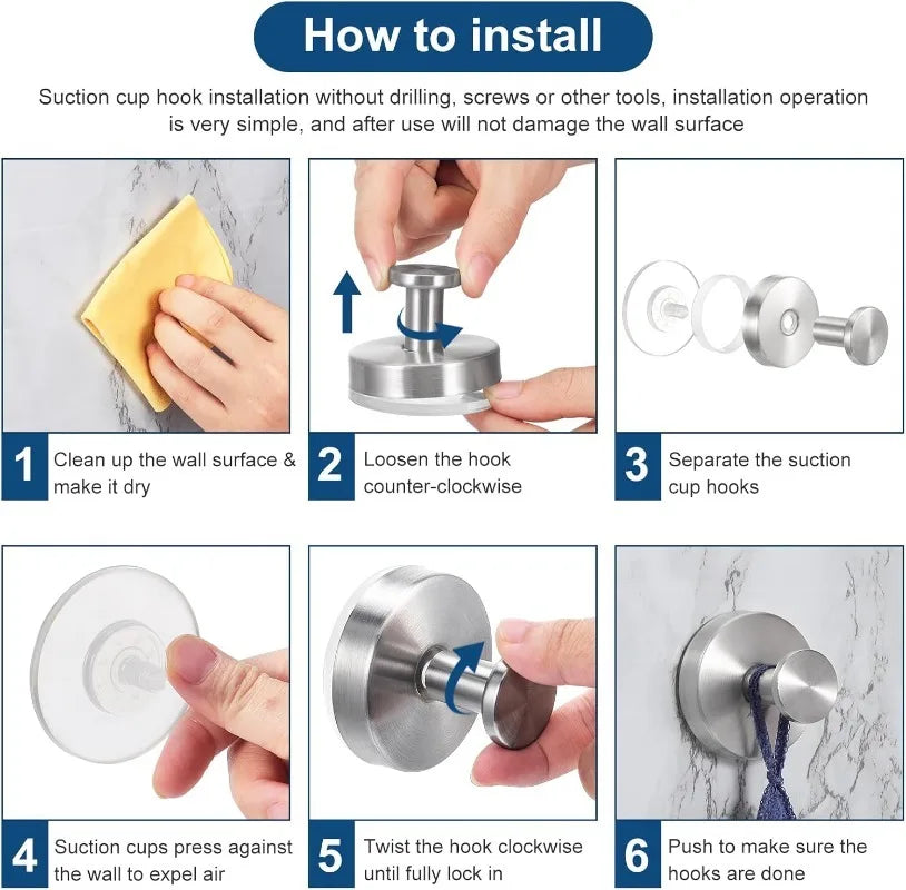 Instructions showing how to install rustproof stainless steel suction cup hooks on a wall.