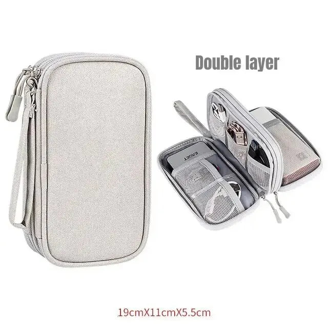 A light gray double-layer travel organizer pouch for cables and accessories.