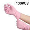 A hand wearing a pink disposable nitrile glove is shown, with the text 100PCS visible in the background.