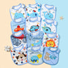 A set of waterproof baby bibs and burp cloths featuring various cartoon animal prints in blue, yellow, and white.