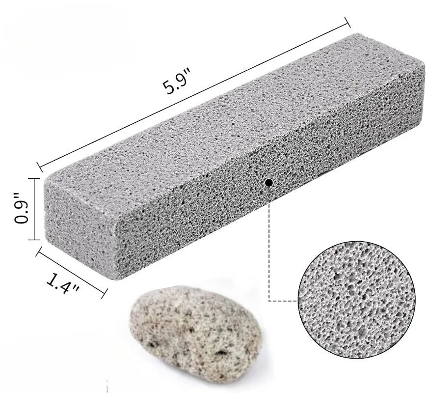 A rectangular pumice stone cleaning stick with dimensions 5.9 inches long and 0.9 inches wide, showing a porous texture.