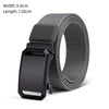 A black tactical nylon belt with a secure metal buckle shown flat.