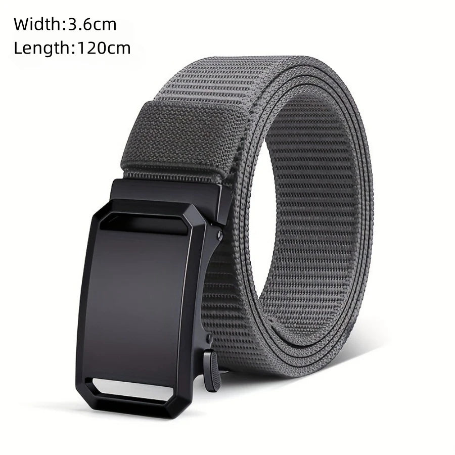 A black tactical nylon belt with a secure metal buckle shown flat.