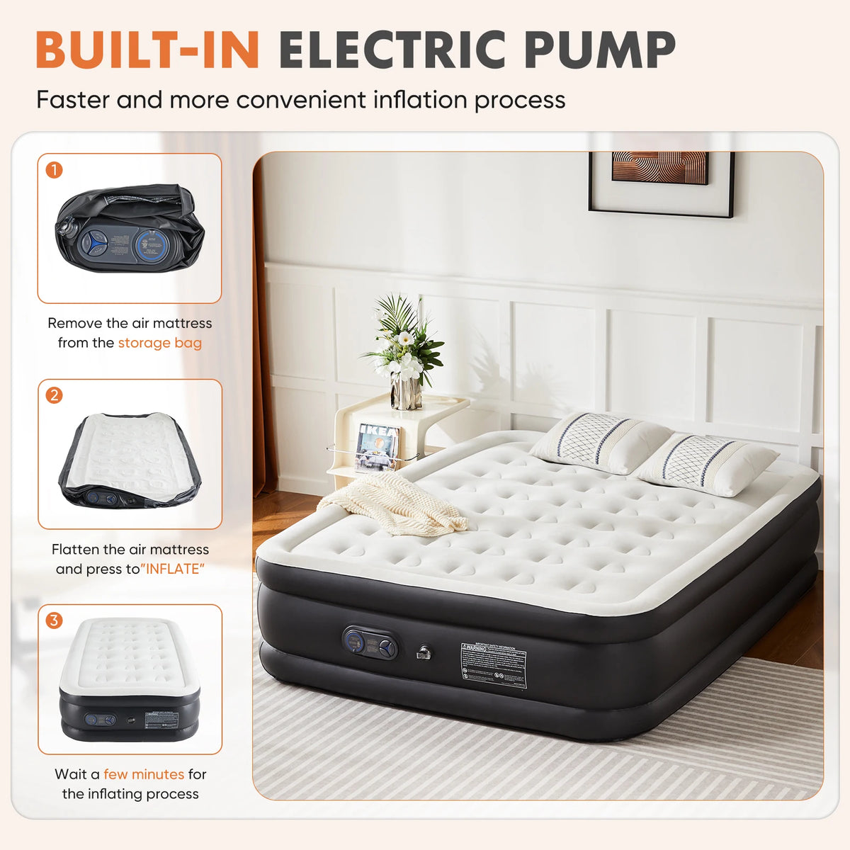 A diagram showing the steps to inflate an elevated air mattress using a built-in electric pump.