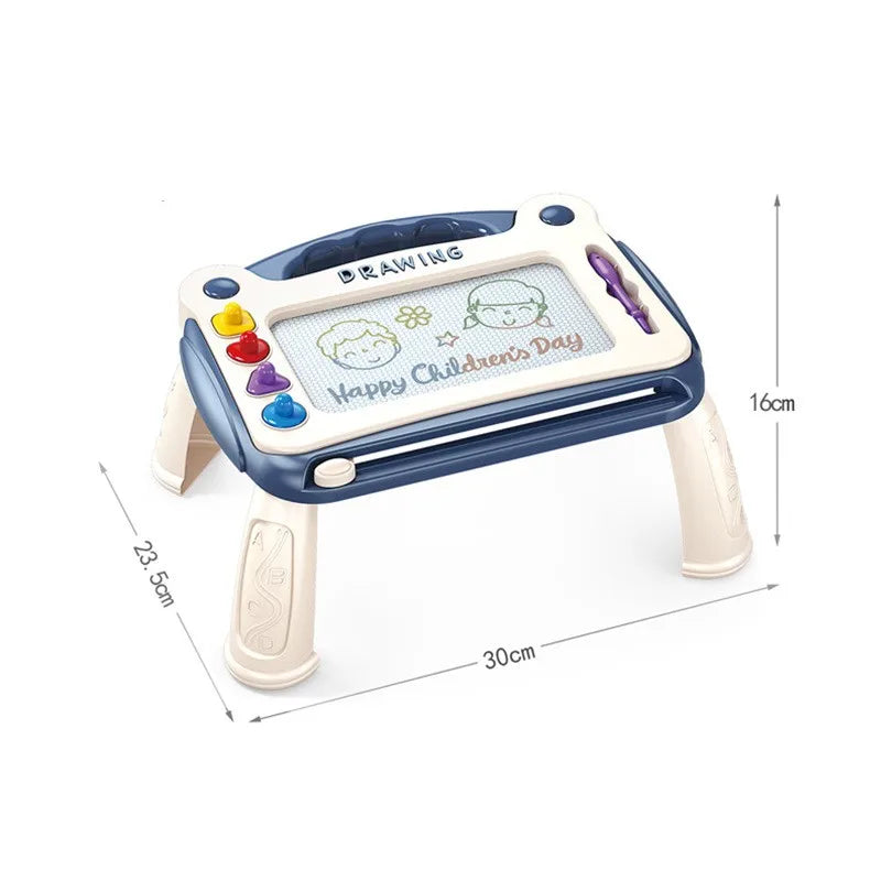 A blue magnetic drawing board for kids with an eraser pen, showing a happy children's day design.