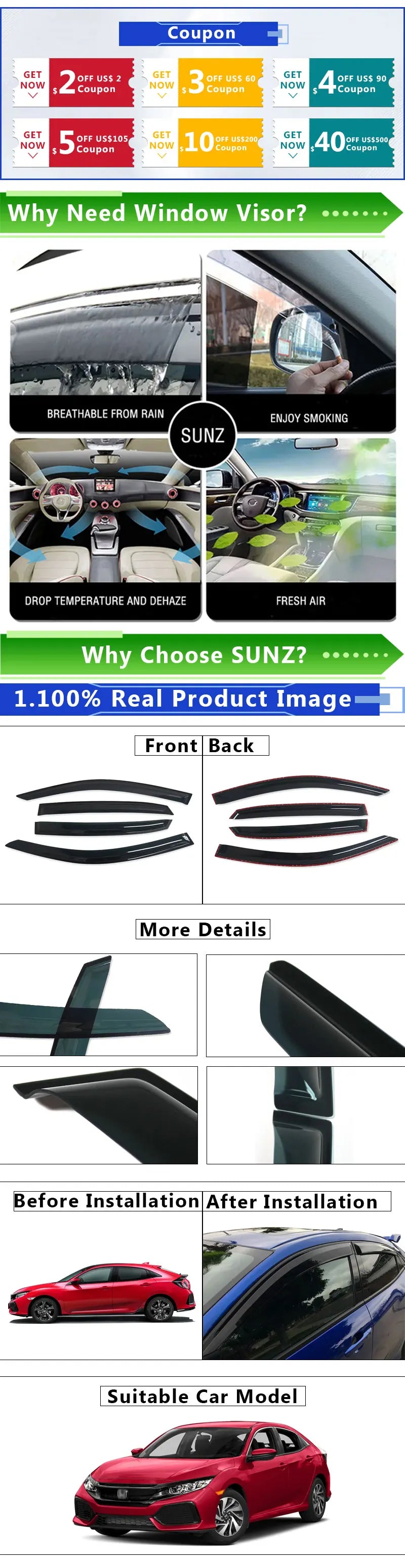 Matte black acrylic window deflectors for a Honda Civic hatchback