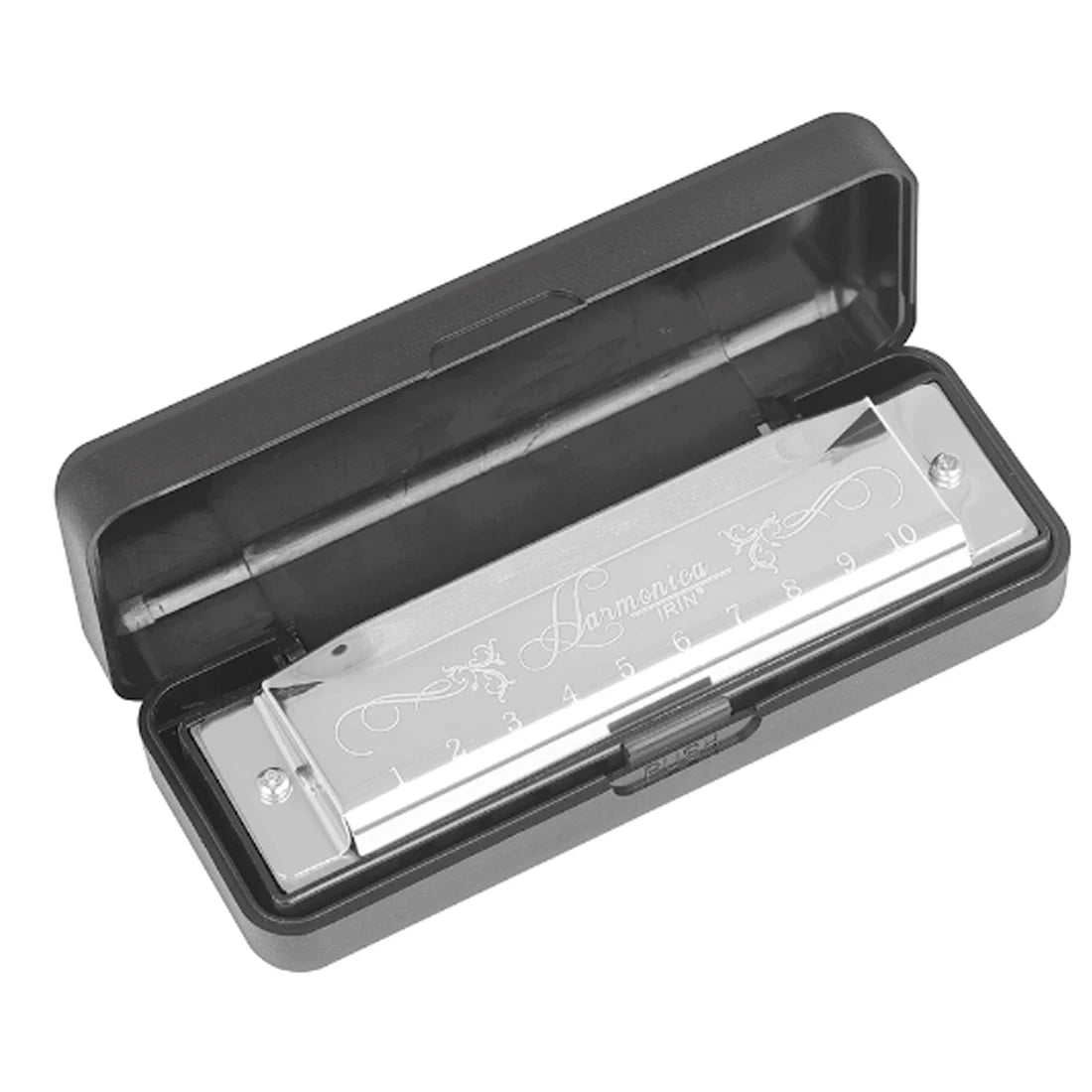 A black harmonica case with a silver harmonica visible inside.