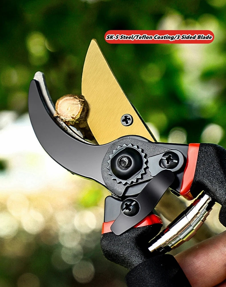 A pair of precision pruning shears with a gold-colored blade and black handle are shown being held by a hand.