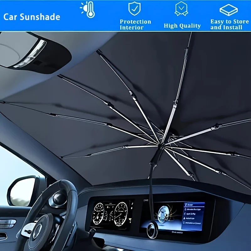A foldable car sunshade umbrella is shown deployed inside a car, covering the windshield.