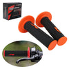 Orange and black handlebar grips for motorcycles shown with packaging and an installation view.