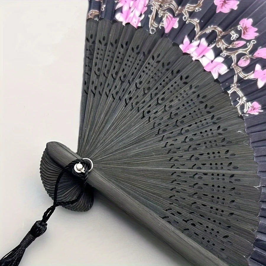 Vintage Floral Hand Fan with Cherry Blossom Artwork