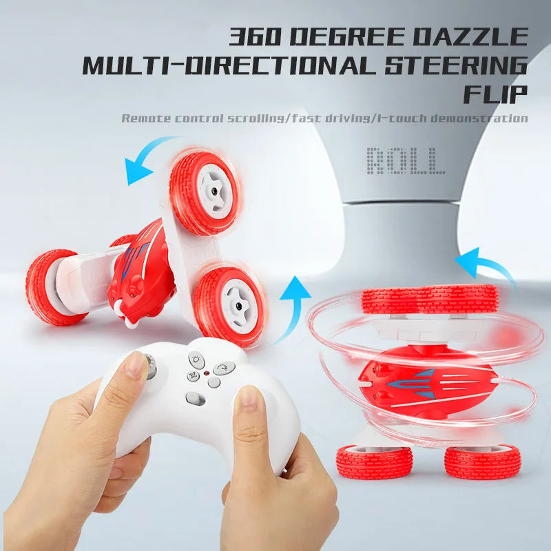 A white remote control steering flip toy with red wheels is being operated by hands.