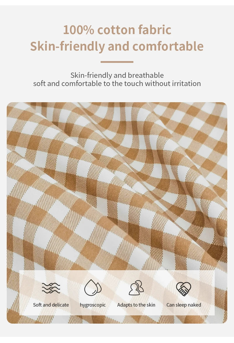 100% Cotton Duvet Cover Set with Plaid Stripe – Breathable & Skin-Friendly
