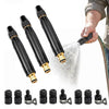 A hand is spraying water from a black high pressure power washer nozzle onto a surface, with several nozzles displayed below.