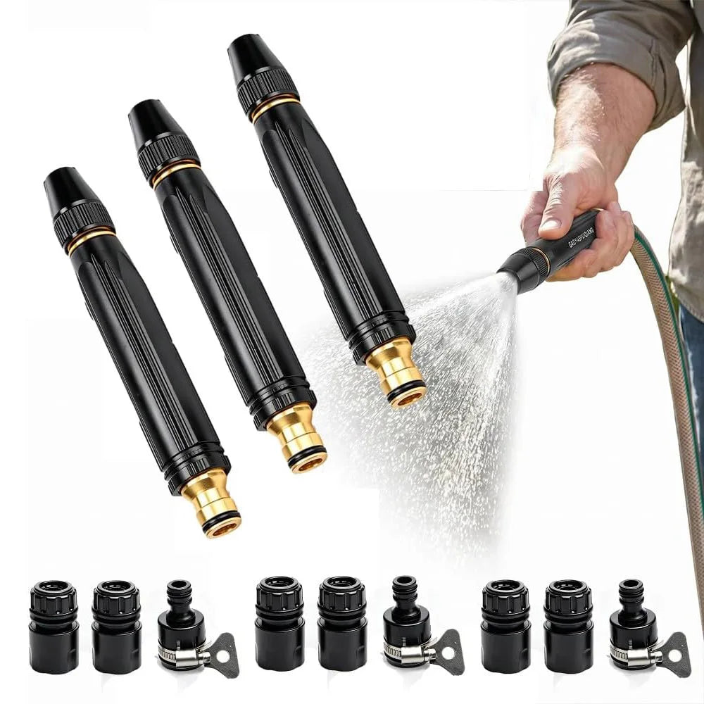 A hand is spraying water from a black high pressure power washer nozzle onto a surface, with several nozzles displayed below.