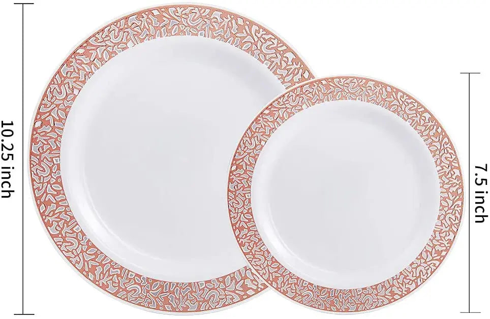 Elegant White Disposable Dinner Plates with Silver Lace Design