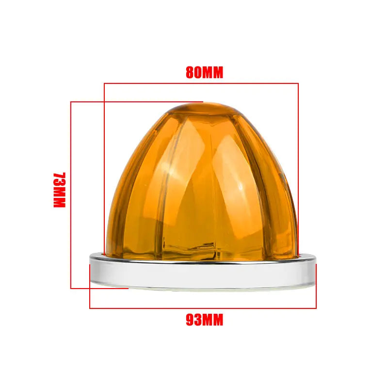 A yellow waterproof LED side marker light with a dome shape and a silver base.