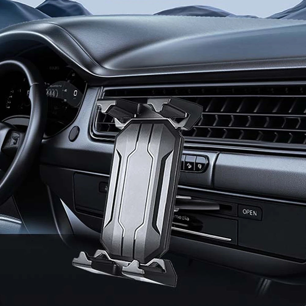 A silver universal car CD slot mount designed to hold tablets and phones in a vehicle dashboard.