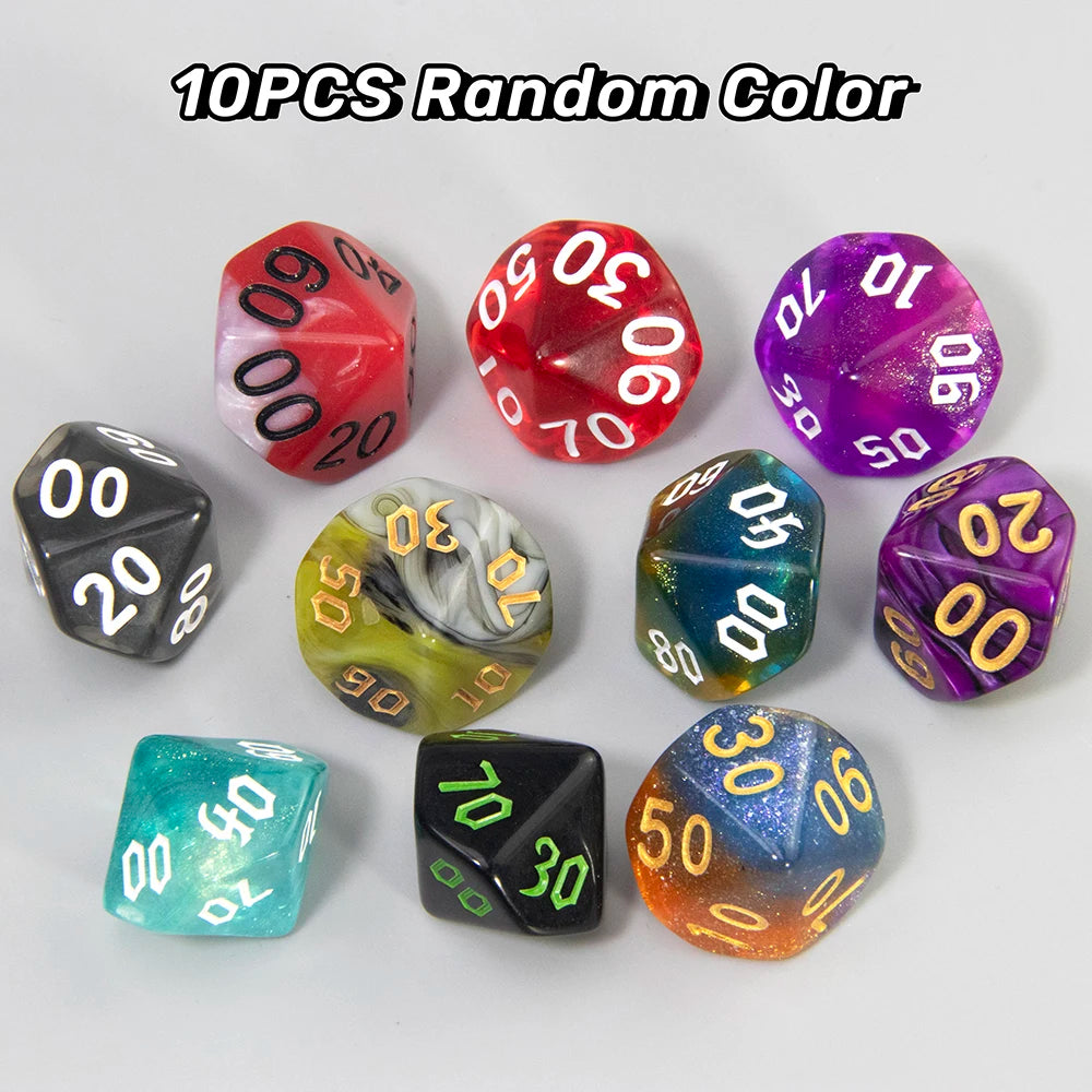 A collection of ten random color polyhedral dice showing various numbers and colors.